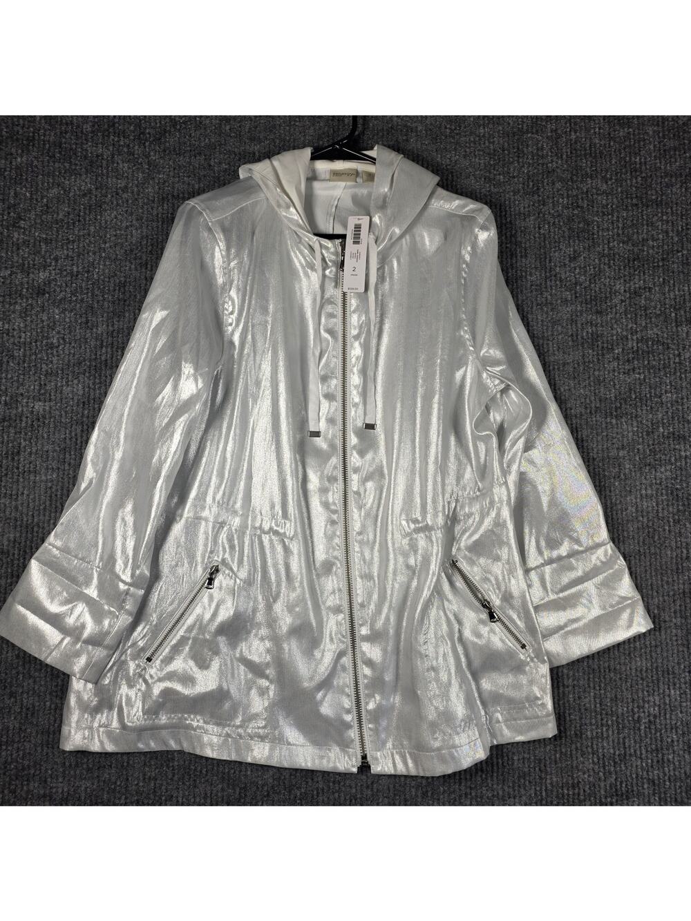 NWT Chico's Zenergy Shine Anorak Jacket Silver Metallic Hooded Sz 2 L 12/14